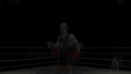 A Man In Boxing Gloves Stands In A Ring With The Words " You Win " On The Bottom GIF