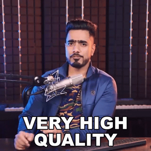 A Man In Front Of A Microphone With The Words Very High Quality Above Him GIF