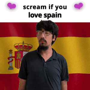 A Man In Front Of A Spanish Flag With The Words Scream If You Love Spain Written On It GIF