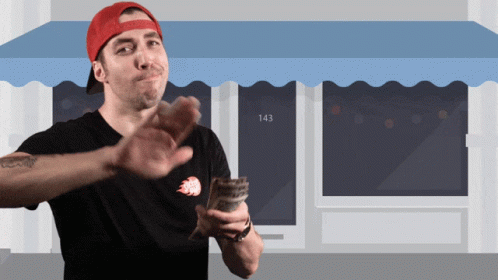 A Man In Front Of A Store With The Number 143 On The Awning GIF