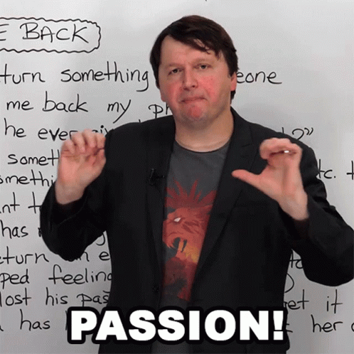 A Man In Front Of A White Board With The Word Passion Written On It GIF