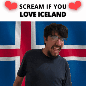 A Man In Front Of An Iceland Flag With The Words Scream If You Love Iceland Above Him GIF