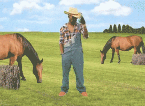 A Man In Overalls And A Cowboy Hat Is Standing In A Field With Horses GIF