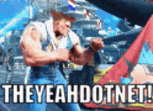 A Man In Overalls And A Hat Is Standing In Front Of A Flag With The Words Theyeahdotnet . GIF