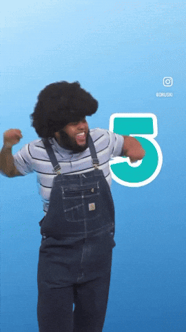 A Man In Overalls Is Dancing In Front Of A Blue Background With The Number 5 On It GIF