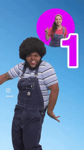 A Man In Overalls Is Dancing With A Woman In A Pink Circle Behind Him With The Number 1 GIF
