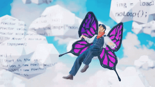 A Man In Overalls Is Sitting On A Purple Butterfly With No Loop Written In The Background GIF