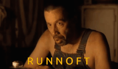 A Man In Overalls With The Word Runnoff In Yellow GIF
