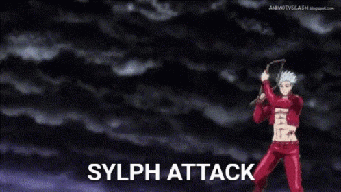 A Man In Red Pants Is Standing In Front Of A Cloudy Sky With The Words Sylph Attack Written On The Bottom GIF