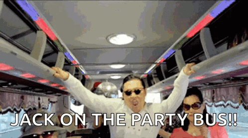A Man In Sunglasses Is Dancing On A Party Bus With The Words Jack On The Party Bus Written Below Him GIF