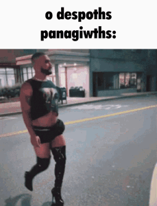 A Man In Thigh High Boots Is Running Down A Street GIF