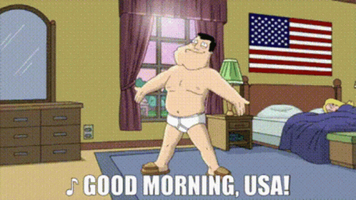 A Man In Underwear Is Dancing In A Bedroom With The Words " Good Morning Usa " Below Him GIF