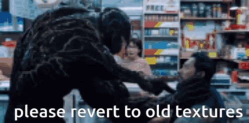 A Man Is Being Attacked By A Monster In A Store With The Words Please Revert To Old Textures Below Him . GIF