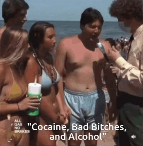 A Man Is Being Interviewed On The Beach With The Words " Cocaine Bad Bitches Alcohol " GIF