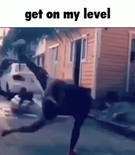 a man is bending over in front of a car with the door open and the words `` get on my level '' written on the bottom .