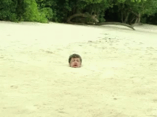 A Man Is Buried In The Sand On The Beach GIF