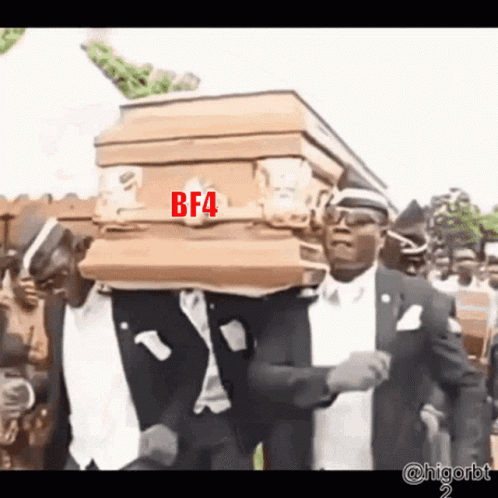 A Man Is Carrying A Coffin With The Word Bf4 Written On It GIF