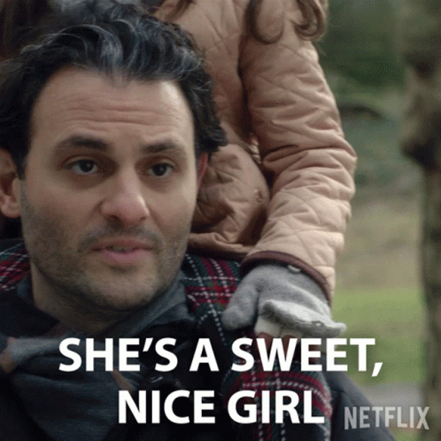 a man is carrying a little girl on his shoulders and says " she 's a sweet nice girl "