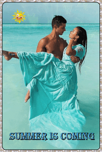 A Man Is Carrying A Woman In His Arms With The Words Summer Is Coming Below Them GIF
