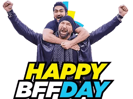 a man is carrying another man on his shoulders with the words happy bff day written below them