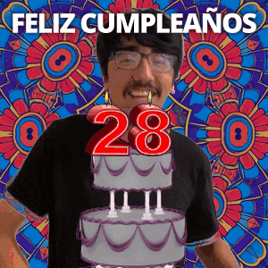 A Man Is Celebrating His 28Th Birthday With A Colorful Background GIF