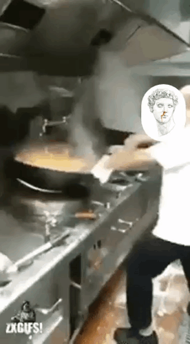 A Man Is Cooking Food In A Kitchen With A Picture Of A Statue Of A Woman On The Wall . GIF