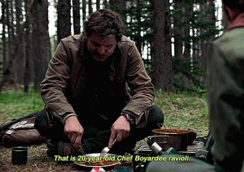 A Man Is Cooking In The Woods And Says That Is 20 Year-Old Chef Boyardee Ravioli GIF