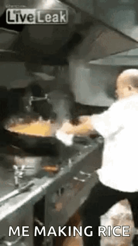 a man is cooking rice in a wok in a kitchen with the words `` me making rice '' written below him .