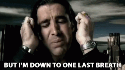 A Man Is Covering His Ears With His Hands And The Words But I 'M Down To One Last Breath Are Above Him . GIF