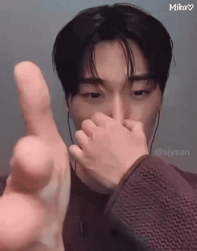 A Man Is Covering His Nose With His Hand And Giving The Middle Finger . GIF