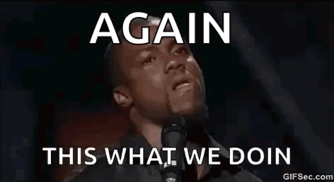 A Man Is Crying In Front Of A Microphone With The Words `` Again This What We Doin '' Written On It . GIF