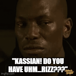 A Man Is Crying With A Caption That Says " Kassian Do You Have Uhm Riz " GIF