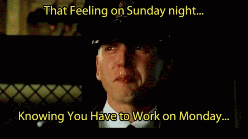 A Man Is Crying With The Words That Feeling On Sunday Night Knowing You Have To Work On Monday Below Him GIF