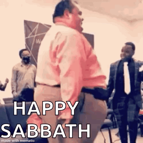 A Man Is Dancing In A Church With The Words `` Happy Sabbath '' Written On The Bottom . GIF