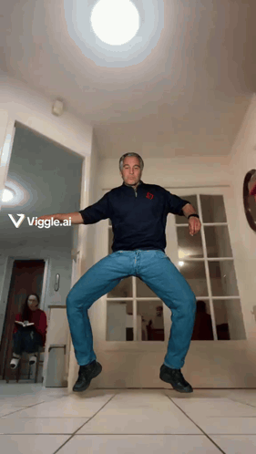 A Man Is Dancing In A Hallway With The Words Viggle.ai Visible Behind Him GIF