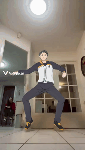 A Man Is Dancing In A Room With A Woman Sitting In The Background And The Words Wiggle.ai On The Bottom GIF