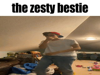A Man Is Dancing In A Room With The Words The Zesty Bestie On The Bottom GIF