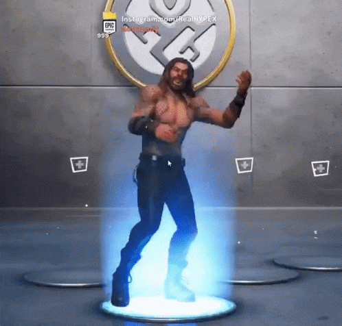 A Man Is Dancing In A Video Game With An Epic Logo Behind Him GIF