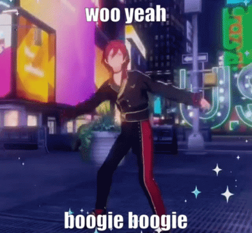 A Man Is Dancing In A Video Game With The Words Woo Yeah Boogie Boogie On The Bottom . GIF