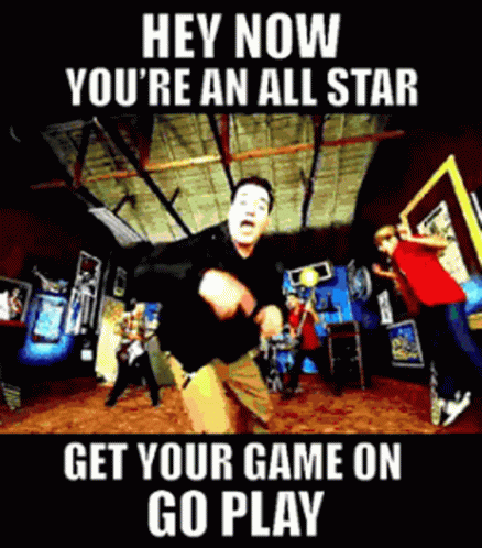 A Man Is Dancing In An Arcade With The Words Hey Now You 'Re An All Star Get Your Game On Go Play GIF