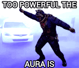 A Man Is Dancing In Front Of A Car With The Words Too Powerful The Aura Is GIF