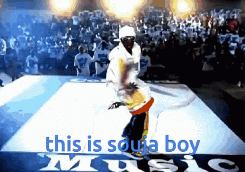 A Man Is Dancing In Front Of A Crowd And The Words This Is Souta Boy Music Are Visible GIF