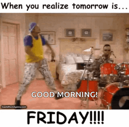 A Man Is Dancing In Front Of A Drum Set And Says Good Morning Friday GIF