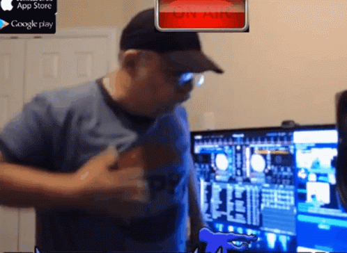 A Man Is Dancing In Front Of A Google Play Advertisement GIF