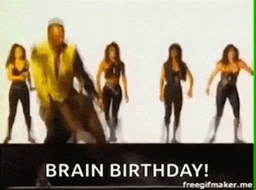 A Man Is Dancing In Front Of A Group Of Women And The Words `` Brain Birthday '' . GIF