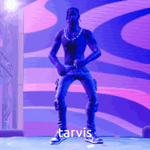 A Man Is Dancing In Front Of A Purple Background And The Word Tarvis Is Above Him GIF