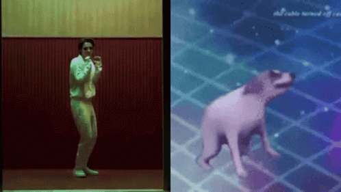A Man Is Dancing Next To A Dog In A Video GIF