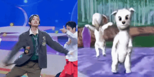 A Man Is Dancing Next To A Picture Of A White Dog Dancing . GIF