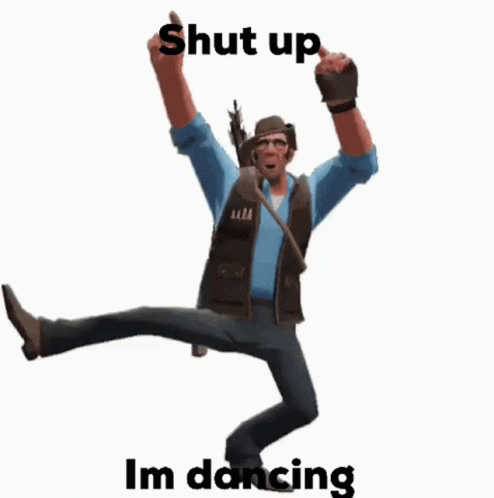 A Man Is Dancing With His Arms In The Air And The Words `` Shut Up I 'M Dancing '' Below Him . GIF