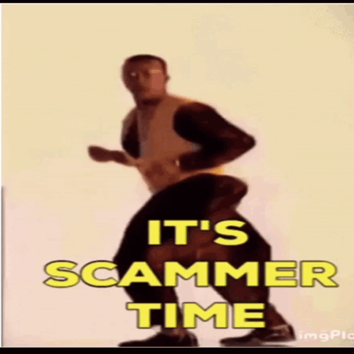 A Man Is Dancing With The Words " It 'S Scammer Time " On The Bottom GIF